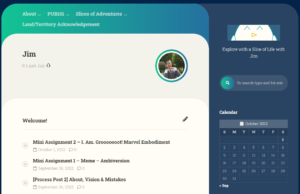 Screenshot of current layout of my website, calendar on the right banner, search bar on the right banner, content and bio on the left major portion. Gradient menu of teal green to dark blue. 