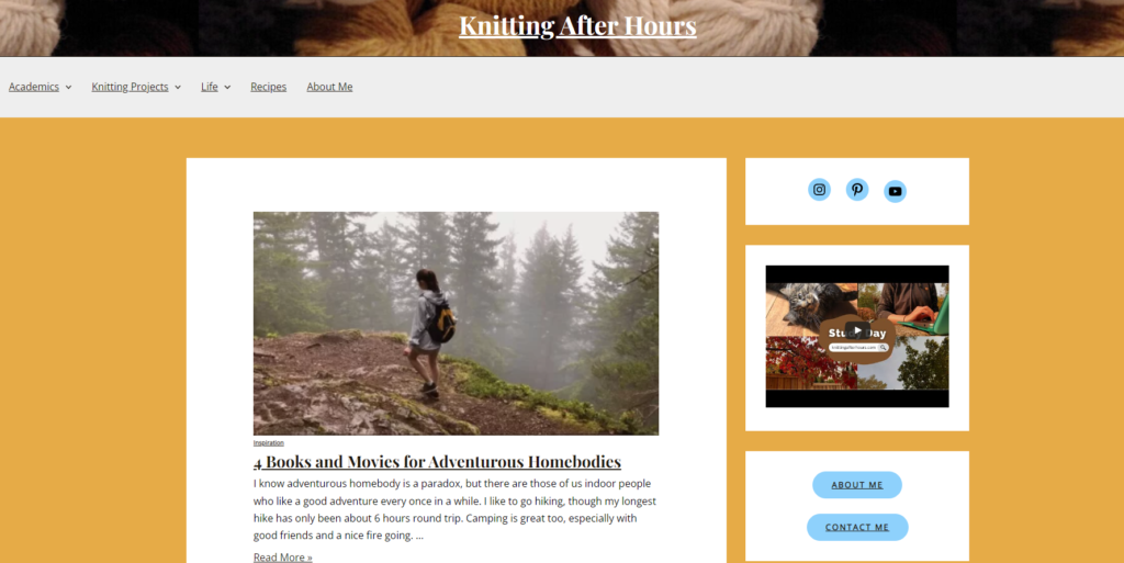Screenshot of Lily's homepage site called "knitting after hours." 