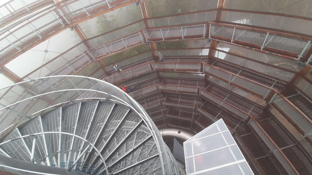 Photo taken from the top looking down, seeing all the different platforms as you would walk up.
