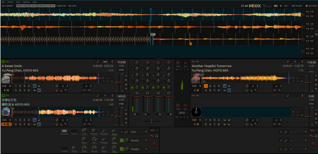 A screenshot of a mixing platform testing out audio and different melodies and effects. Black program background with different audio waves and circles to adjust.