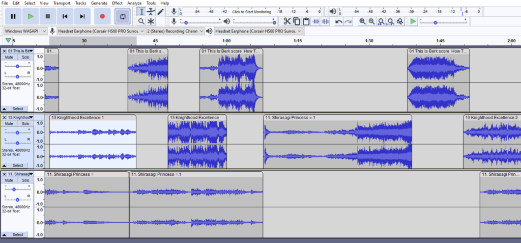Screenshot of another program, grey with blue soundwaves, slicing and piecing the audio pieces together.