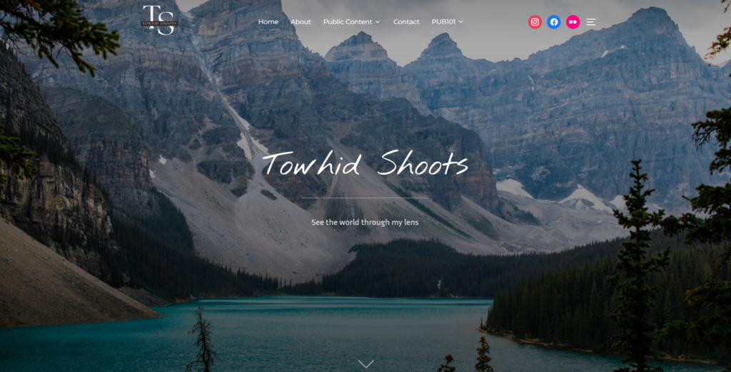 Screenshot of Towhid Shoots homepage that I am reviewing. It has mountains in the background with white text of the site title with menus at the top middle and social handles on the top right. 