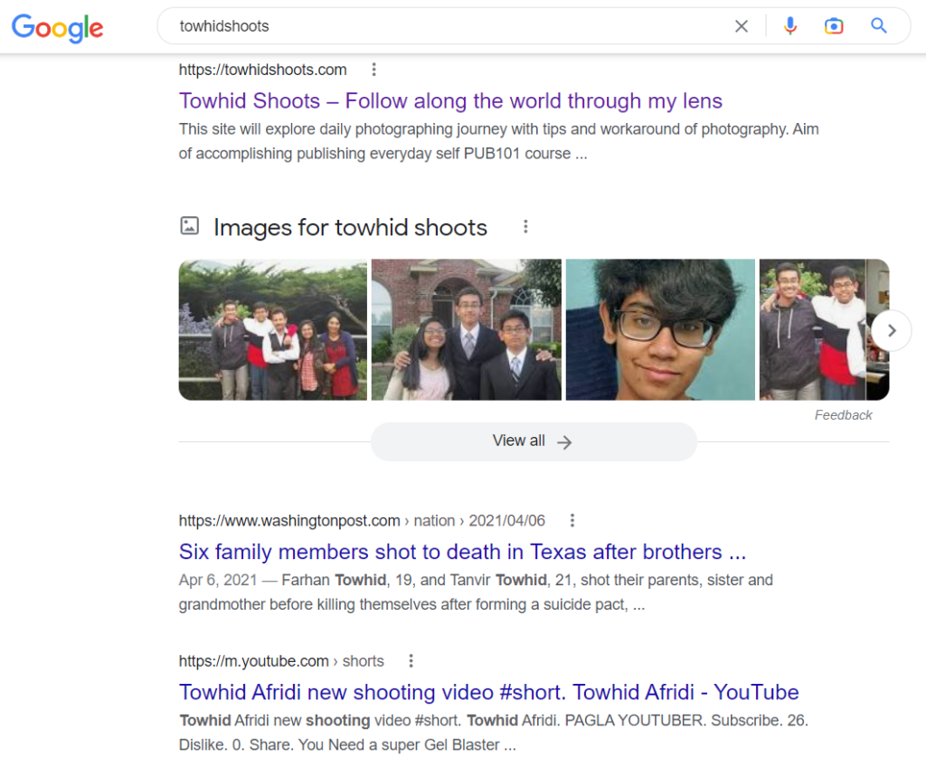 Screenshot of Google Search I made on Towhidshoots which lead to media coverage of a violent incident in Texas. 