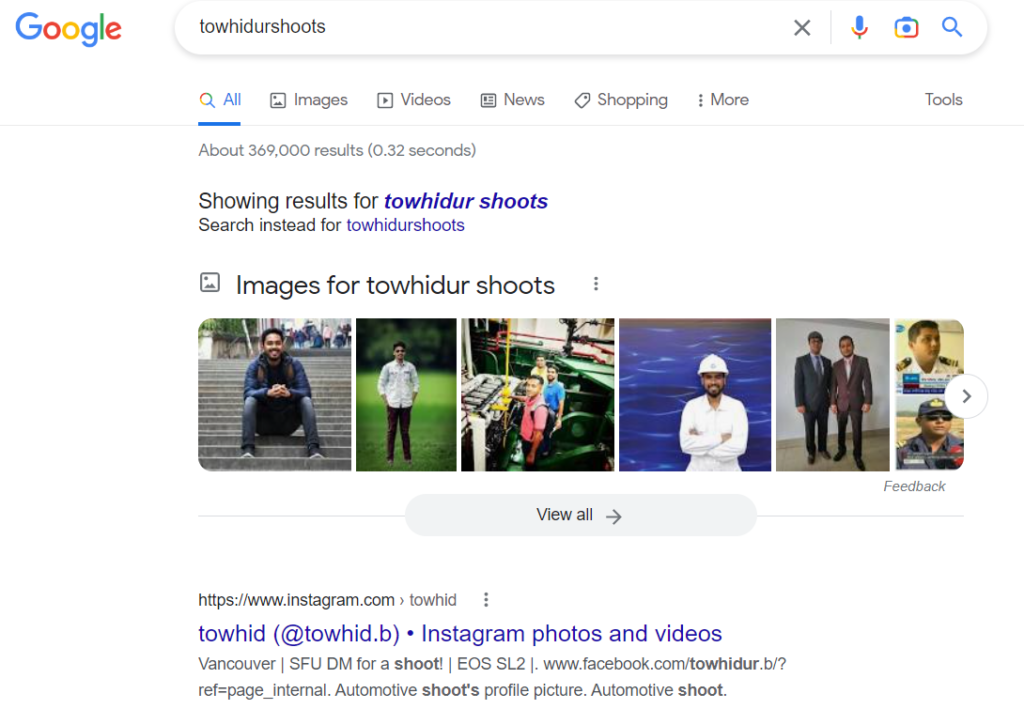 Screenshot of TowhidurShoots search result on Google with Towhidur's Instagram appearing as a result. 