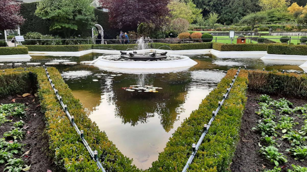 Photo of a fountain in a star shaped pond, with the right side slightly more angled out. Mostly dark reds and dull greens.